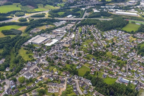 Aerial view, motorway bridge A45 and junction Olpe-Süd at the industrial estate Auf dem Ohl,