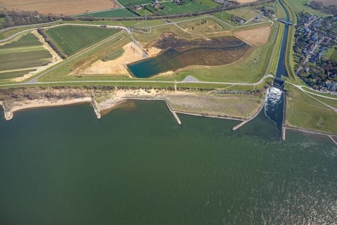 Aerial view, Rhine dyke construction site, Emscher estuary, Emscher estuary drop structure, Emscher