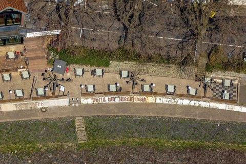 Aerial view, Restaurant Zur Arche an der Rheinpromenade, Görsicker, Voerde, Ruhr area, Lower Rhine,
