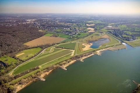 Aerial view, Rhine dyke construction site, Emscher estuary, Emscher estuary drop structure, Emscher