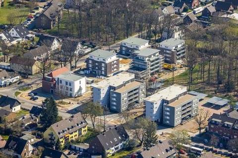 Aerial view, construction site and new residential neighbourhood, Bahnhofstraße corner
