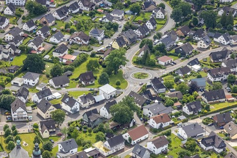 Aerial view, residential area at Wendener Straße roundabout, Siegener Straße, Hünsborn, Wenden,