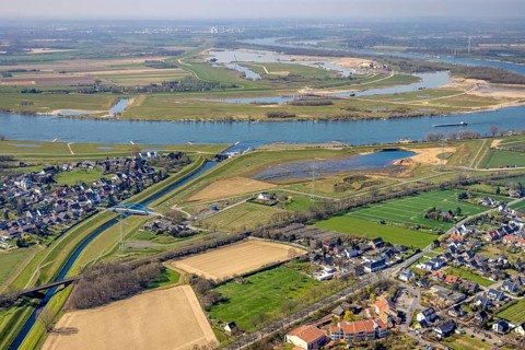 Aerial view, Rhine dyke construction site, Emscher estuary, Emscher estuary drop structure, Emscher