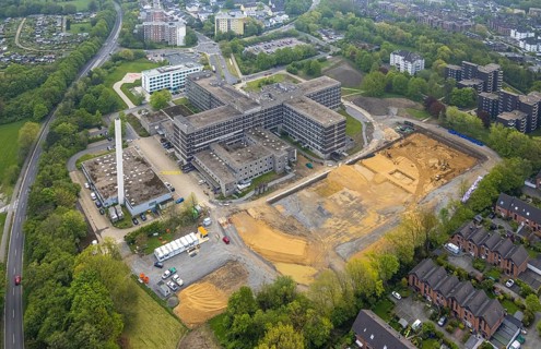 Aerial view, construction site, new clinic building at Helios Klinikum Niederberg, Velbert, Ruhr