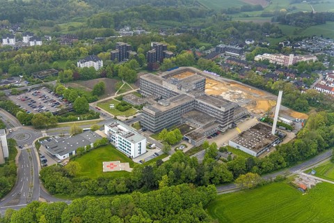 Aerial view, construction site, new clinic building at Helios Klinikum Niederberg, Velbert, Ruhr