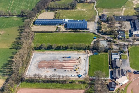 Aerial view, construction site for new sports field, sports centre Voerde, Rönskenstraße,