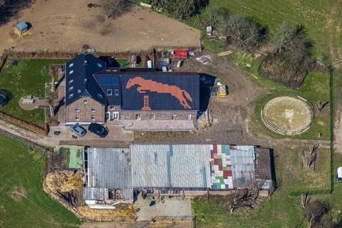 Aerial view, Pferdefreunde Emmelsum, jumping horse on the barn roof, club grounds Heinrichstraße,