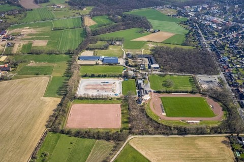 Aerial view, construction site for new sports field, sports centre Voerde, Rönskenstraße,