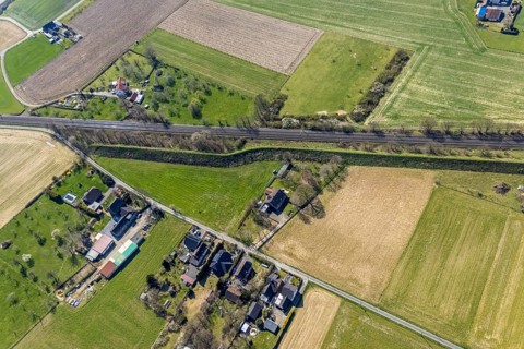 Aerial view, railway tracks Im Hörsken, meadows and fields, noise barrier, Betuweroute, Betuwelijn,