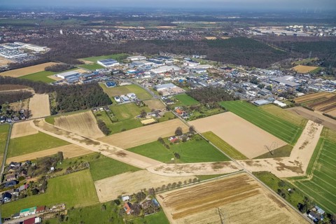 Aerial view, pipeline construction, forest with meadows and fields at the Holthausen industrial