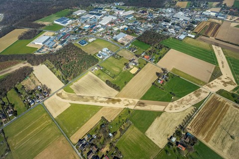 Aerial view, pipeline construction, forest with meadows and fields at the Holthausen industrial