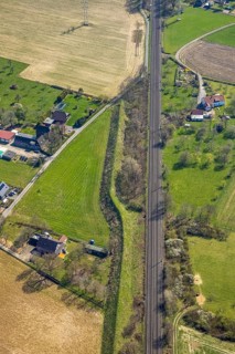 Aerial view, railway tracks Im Hörsken, meadows and fields, noise barrier, Betuweroute, Betuwelijn,