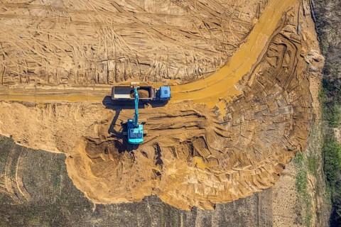 Aerial view, embankments and construction site Böskenstraße for new company settlements, Emmelsum,