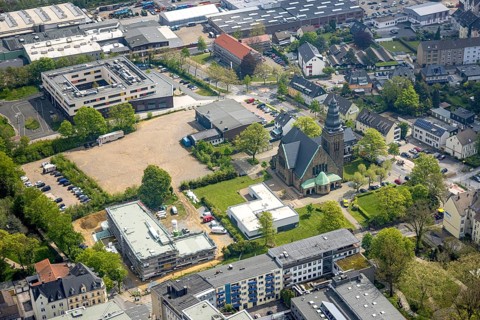 Aerial view, evang. Christuskirche, construction site and new building hospice and palliative