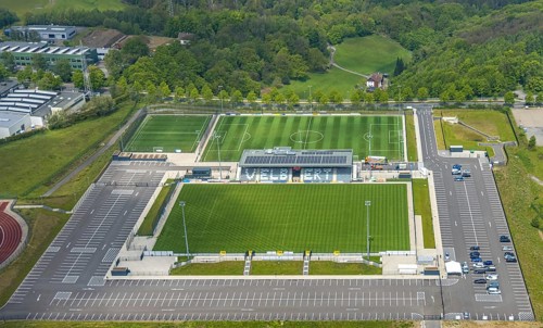 Aerial photo, Corona rapid test station at the Oberliga stadium, EMKA Velbert sports centre,