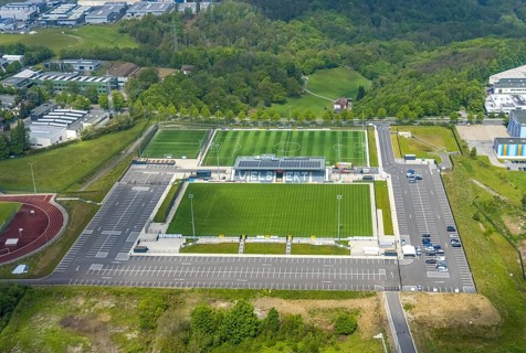 Aerial photo, Corona rapid test station at the Oberliga stadium, EMKA Velbert sports centre,