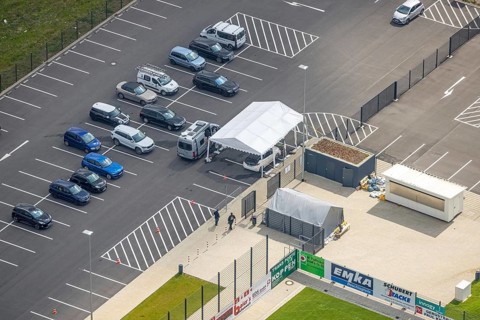 Aerial photo, Corona rapid test station at the Oberliga stadium, EMKA Velbert sports centre,