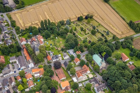 Aerial view, Protestant church Hemmerde, Catholic church St. Peter and Paul and cemetery, Hemmerde,
