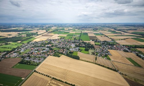 Aerial view, meadows and fields with local view Hemmerde, Unna, Ruhr area, North Rhine-Westphalia,
