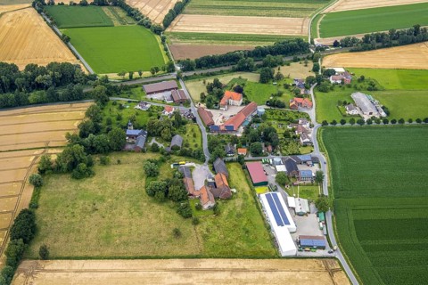 Aerial view, architectural monument, Haus Westhemmerde, farm, Westhemmerde, Unna, Ruhr area, North
