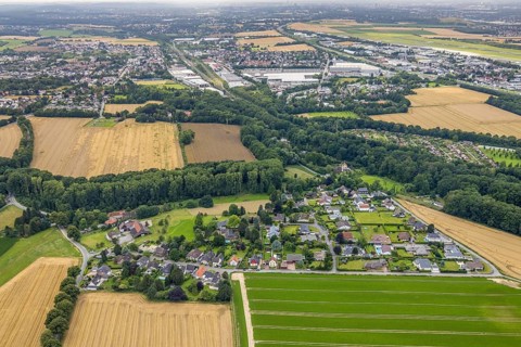 Aerial view, housing estate Massener Heide, Am Stuckenberg, Maßen, Unna, Ruhr area, North