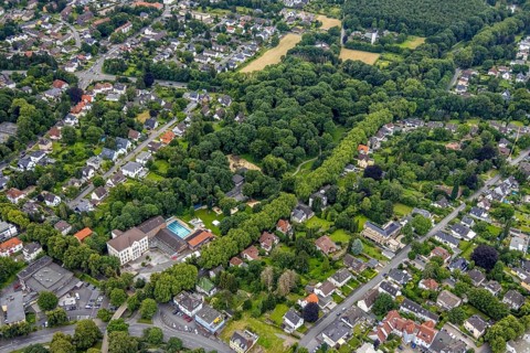 Aerial view, Katharinenschule and outdoor swimming pool Bornekamp with park, Unna, Ruhr area, North