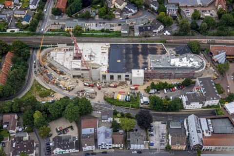 Aerial view, construction site and new building shopping centre, formerly Mühle Bremme site, Unna,