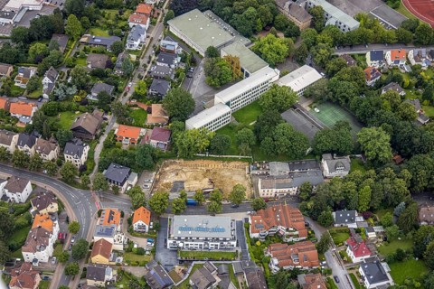 Aerial view, Peter-Weiss-Gesamtschule, construction site at Kessebürener Weg, Unna, Ruhr area,