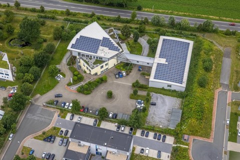 Aerial view, company building PVS / Westfalen-Süd rkV medical billing, Ülzen, Unna, Ruhr area,