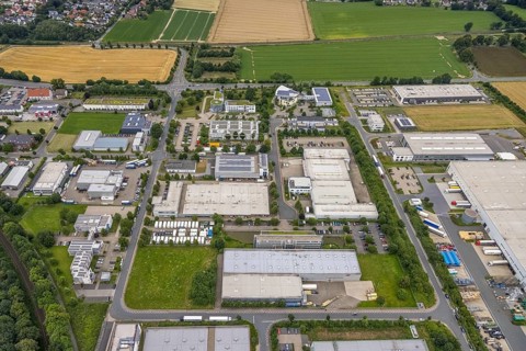 Aerial view, company building PVS / Westfalen-Süd rkV medical billing, Stadtwerke Unna, commercial