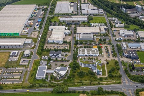 Aerial view, company building PVS / Westfalen-Süd rkV medical billing, Stadtwerke Unna, commercial