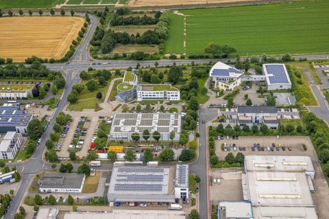 Aerial view, company building PVS / Westfalen-Süd rkV medical billing, Stadtwerke Unna, commercial