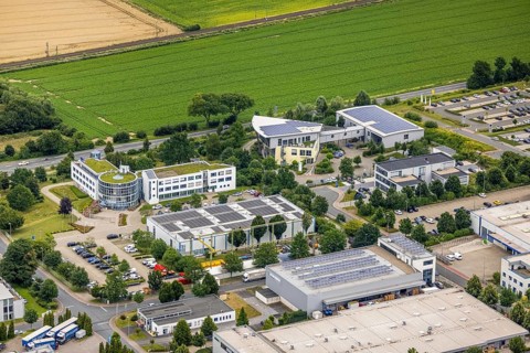 Aerial view, company building PVS / Westfalen-Süd rkV medical billing, Stadtwerke Unna, Ülzen,