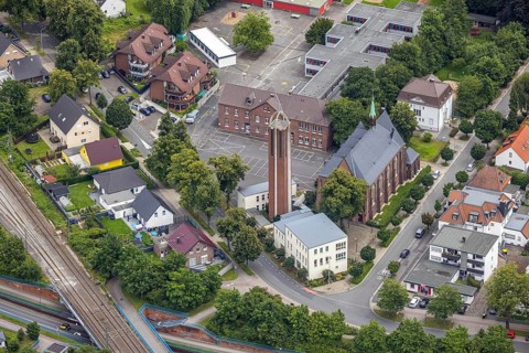Aerial view, Catholic Church of the Sacred Heart of Jesus, School at Friedrichsborn, Königsborn,