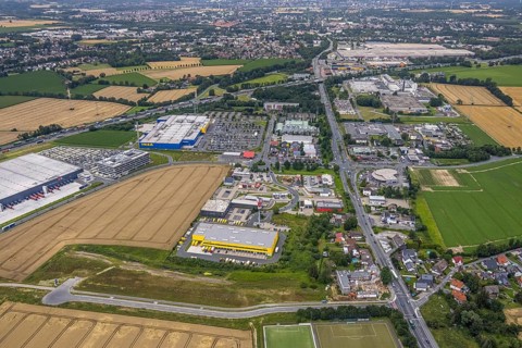 Aerial view, IKEA furniture store Kamen, Deutsche Post DHL Logistik, commercial area Unna Kamen,