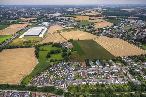 Aerial view, new Woolworth headquarters and logistics centre, IKEA furniture store Kamen, Deutsche