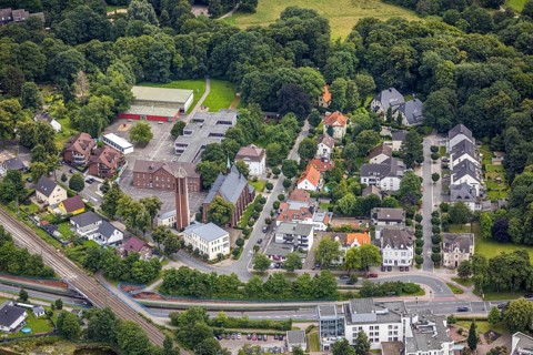 Aerial view, Catholic Church of the Sacred Heart of Jesus, School at Friedrichsborn, Königsborn,