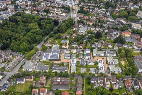 Aerial view, multi-generation housing estate Sybil-Westendorp-Straße and Alter Westfriedhof, Unna,