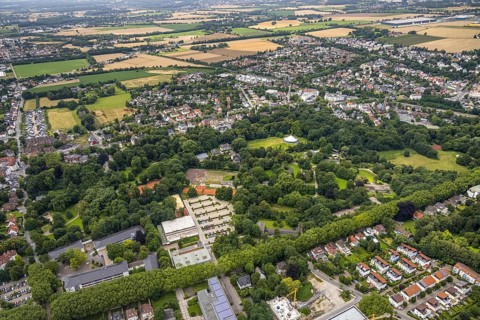 Aerial view, spa gardens, tent Circus Travados, Königsborn, Unna, Ruhr area, North