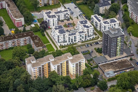 Aerial view, Parkquartier Königsborn, new building Potsdamer Straße with solar roof, Königsborn,