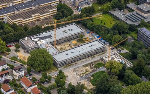 Aerial view, construction site and new building Bildungscampus Unna, new building kindergarten