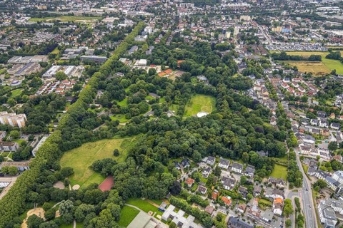 Aerial view, spa gardens, tent Circus Travados, Königsborn, Unna, Ruhr area, North