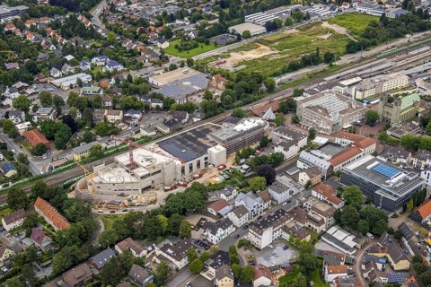 Aerial view, construction site and new building shopping centre, formerly Bremme mill site, town