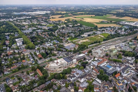Aerial view, construction site and new shopping centre, former Bremme mill site, Unna railway