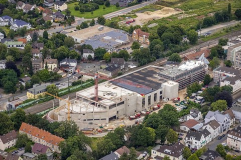 Aerial view, construction site and new building shopping centre, formerly Mühle Bremme site, Unna,