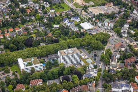 Aerial view, district administration and district house Unna, roundabout and construction site