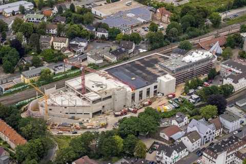 Aerial view, construction site and new building shopping centre, formerly Mühle Bremme site, Unna,