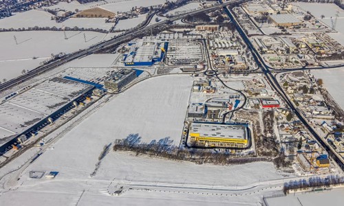 Aerial view, commercial area Unna-Kamen, central warehouse for Woolworth, ERL euro retail logistics