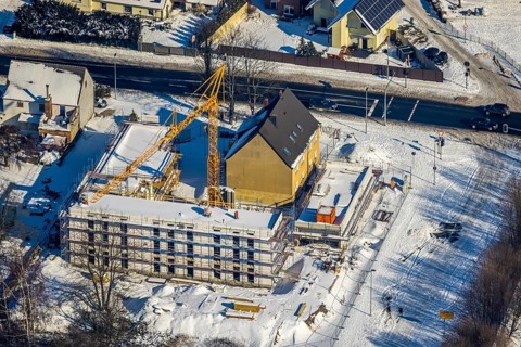 Aerial view, commercial area Unna-Kamen, construction site new building Hallohweg corner Kamener