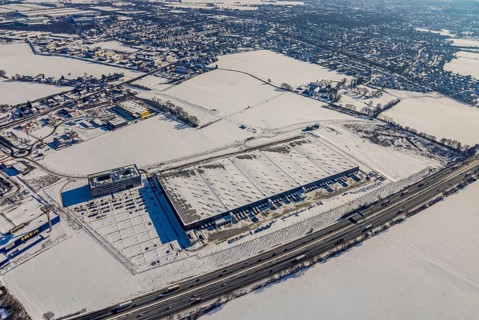 Aerial view, commercial area Unna-Kamen, central warehouse for Woolworth, ERL euro retail logistics